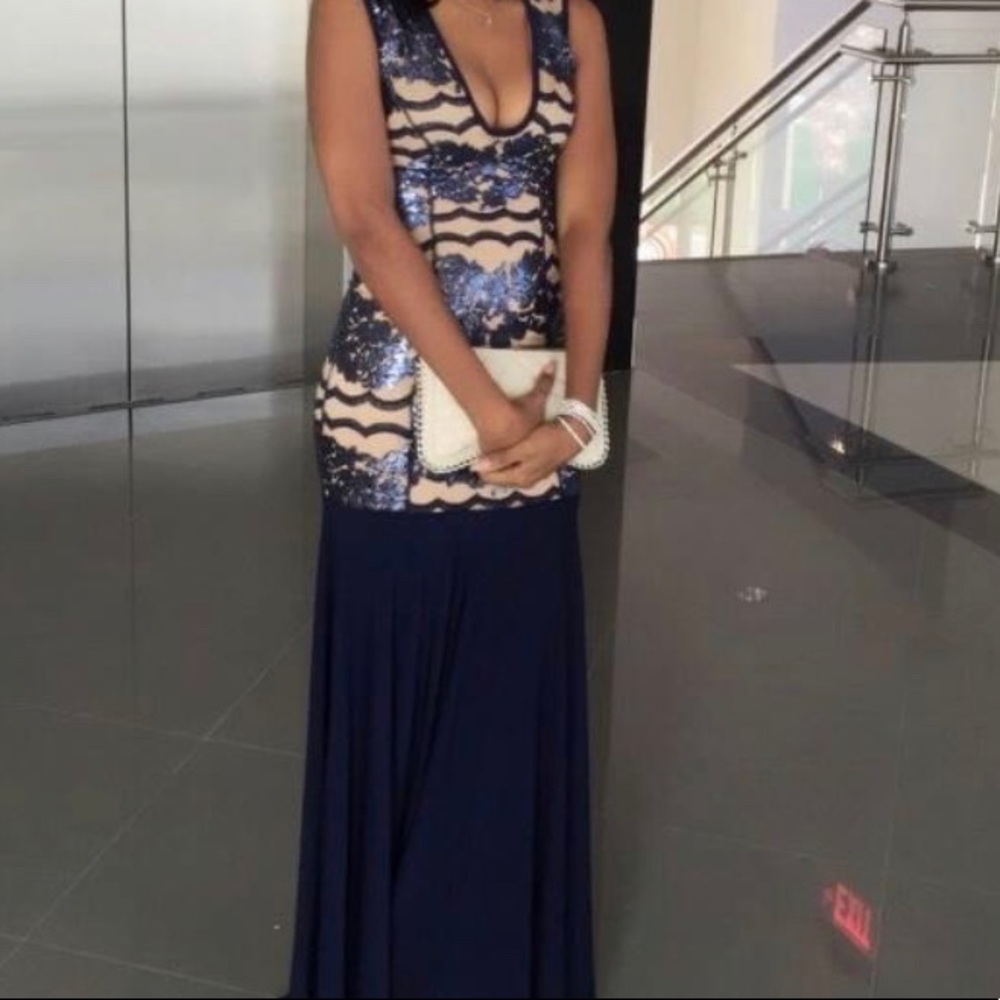 Navy blue and cream long dress. Sequins navy blue.